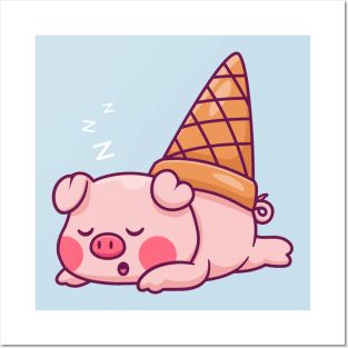 Cute Pig Ice Cream Sleeping Cartoon Posters and Art